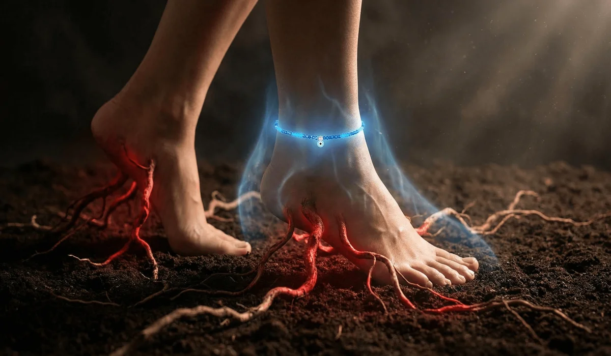 A spiritual representation of an evil eye anklet providing grounding energy and Root Chakra protection as someone walks on the earth.