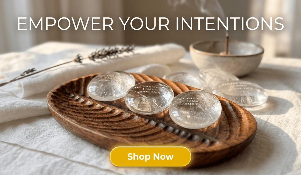 Natural high-clarity clear quartz palm stone with manifestation engraving for meditation and spiritual wellness