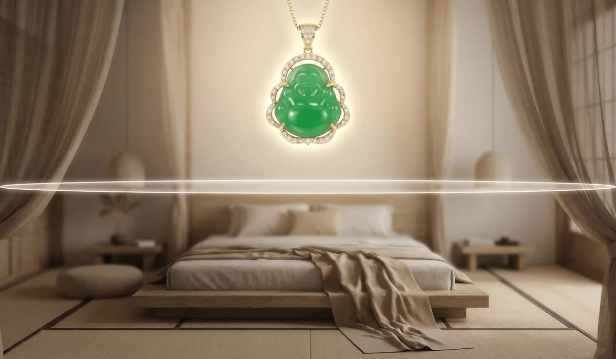 Conceptual illustration showing the importance of placing a Buddha necklace above waist level for spiritual energy.