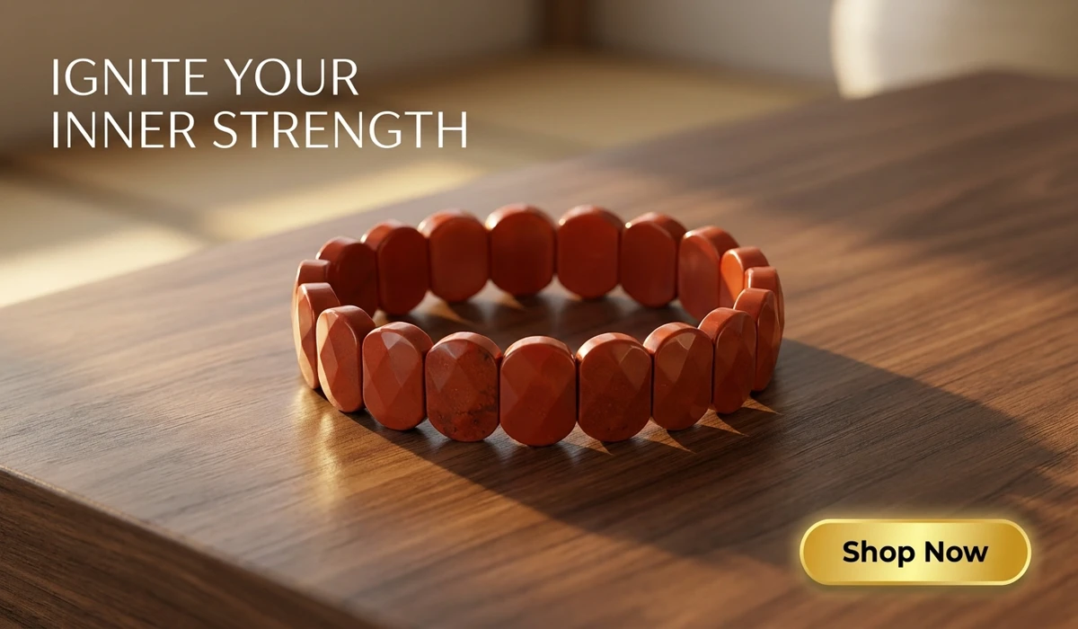 Red Jasper Flat Beaded Bracelet titled The Flame of Courage, high-end natural stone jewelry for energy and grounding, featuring a Shop Now button for e-commerce.