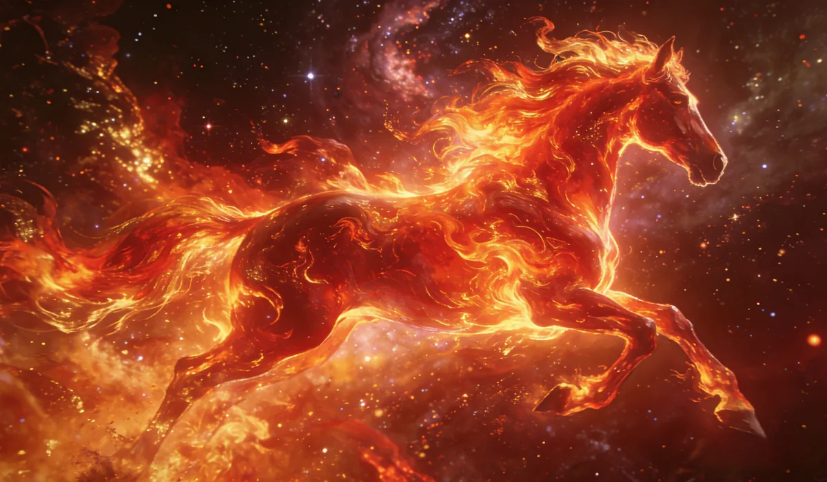 Majestic fiery horse galloping through a starry nebula, embodying the spirit of the 2026 Year of the Fire Horse.