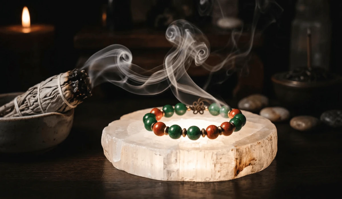 Feng Shui bracelet being cleansed with sage smoke and charged on a selenite plate to restore its vibrational frequency.