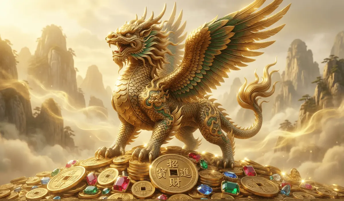 A mythical Pixiu creature standing on gold coins, symbolizing wealth and financial protection in Feng Shui.