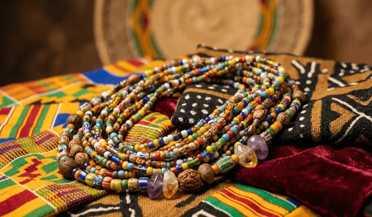 Close-up of traditional West African glass waist beads and healing crystals on textured fabric, representing Ghanaian and Yoruba craftsmanship.