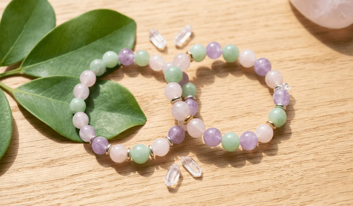 Child-friendly Feng Shui gemstone protection bracelets made with smooth Jade, Rose Quartz, and Amethyst beads on a natural wooden background.