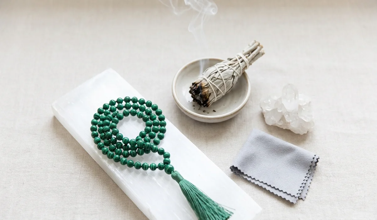 Malachite mala beads being cleansed with sage smoke on a Selenite charging plate.