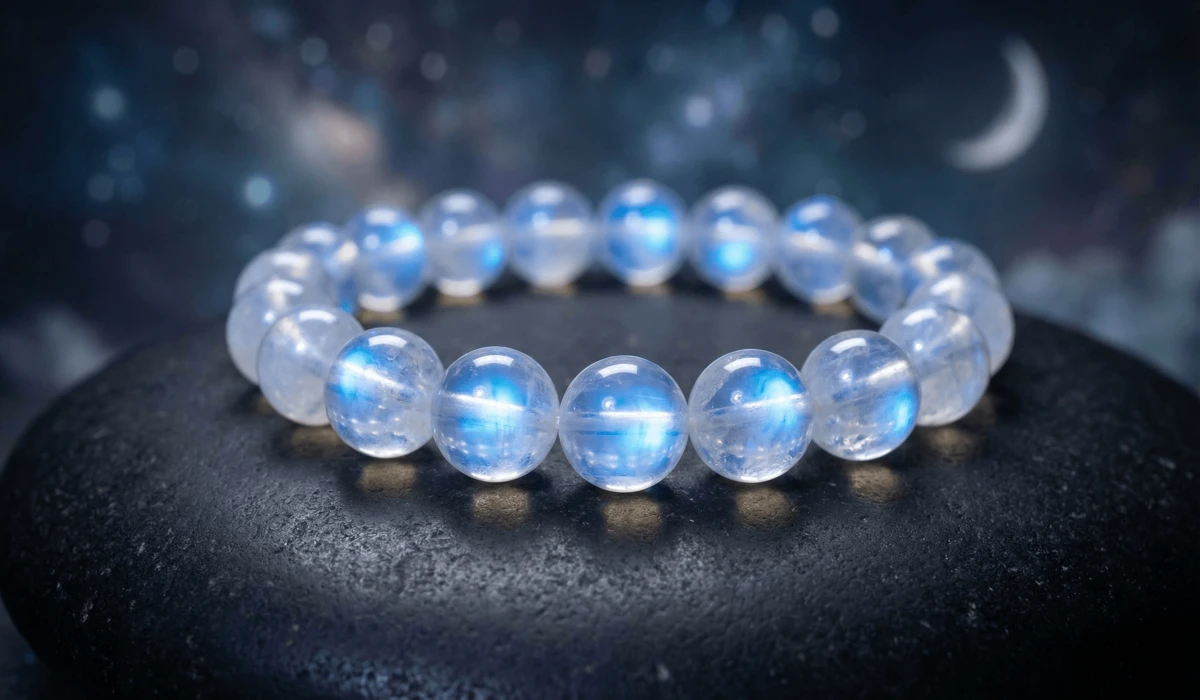 Close-up of a moonstone bracelet showing blue adularescence and milky glow, symbolizing new beginnings.