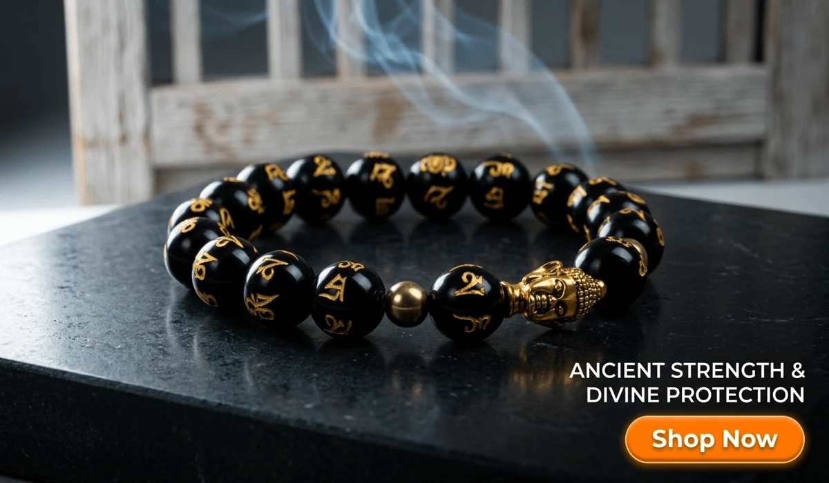 Obsidian Buddha Protection Bracelet with golden mantras on a Zen stone background, featuring a Shop Now button for a spiritual jewelry blog.