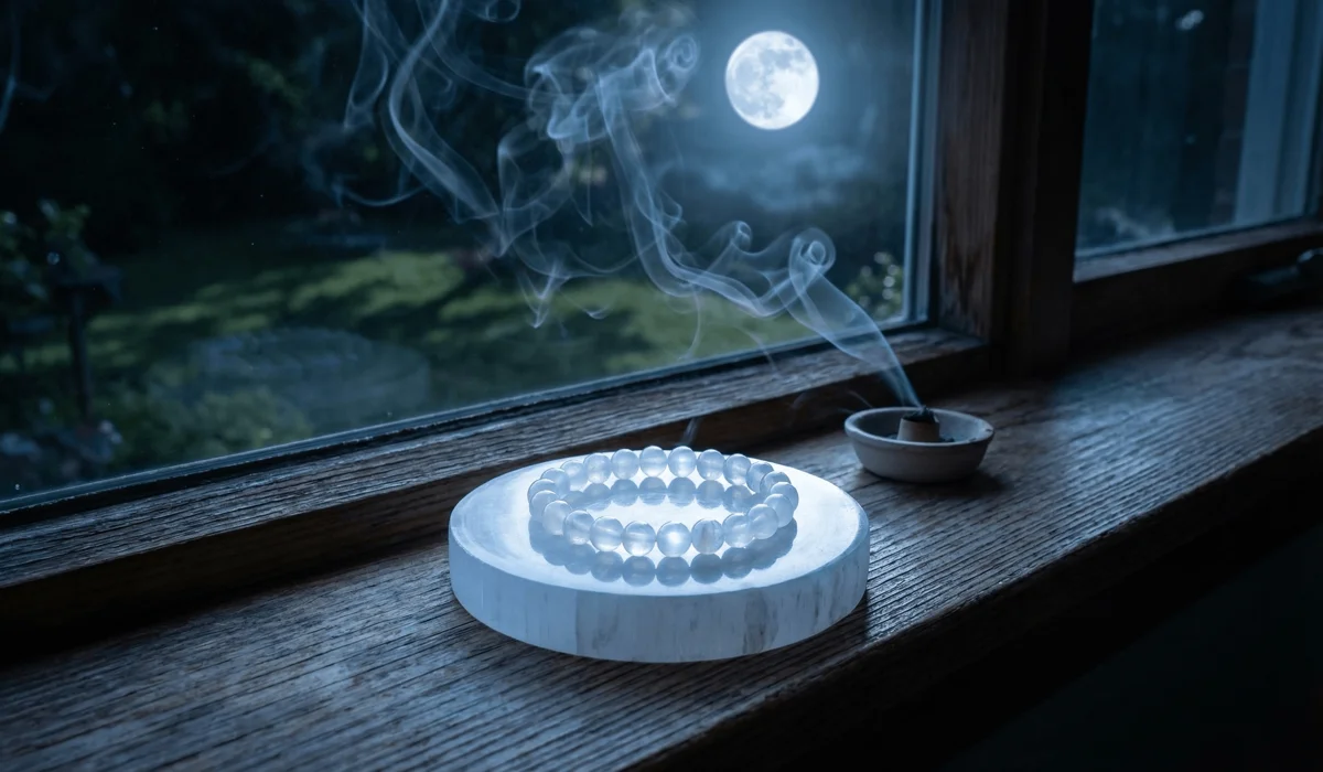 Moonstone bracelet being charged under full moonlight on a windowsill with a Selenite plate and sage smoke.