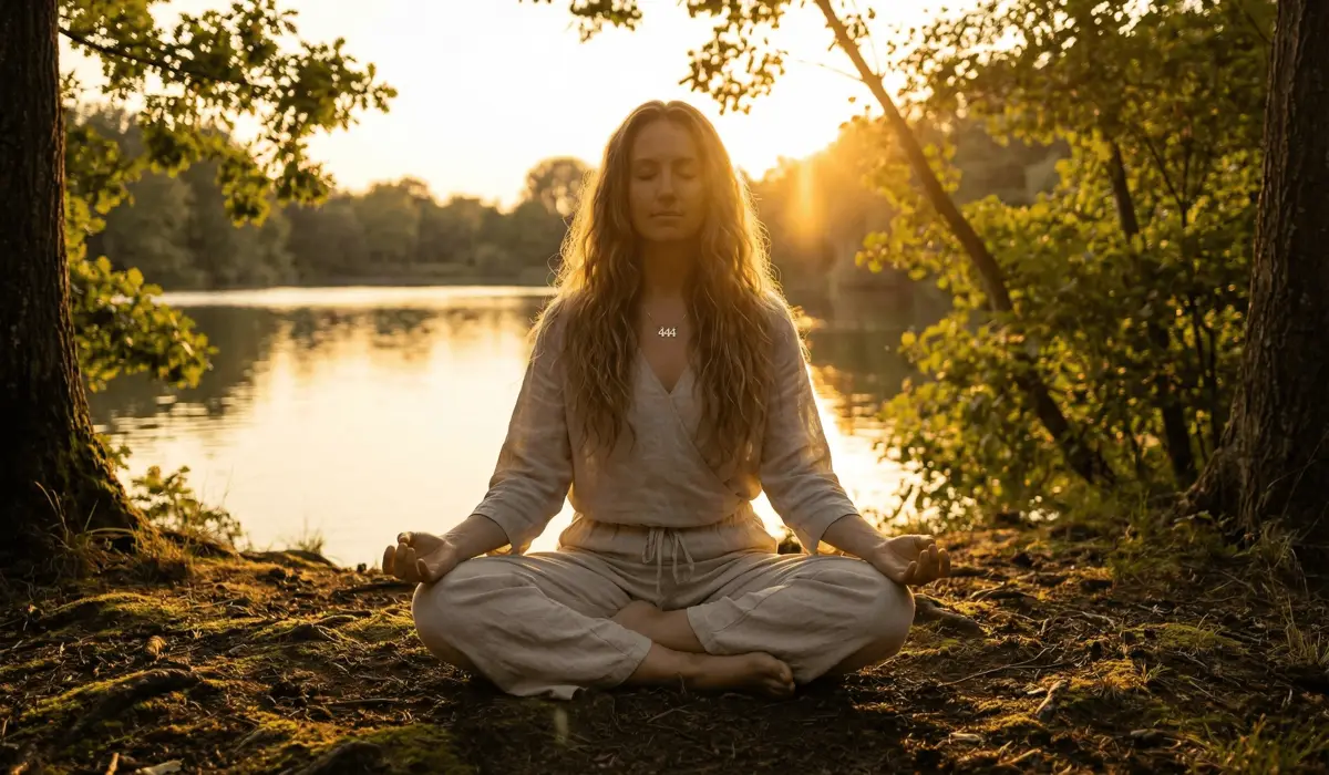A woman meditating outdoors wearing a 444 necklace, representing spiritual grounding and the four elements.