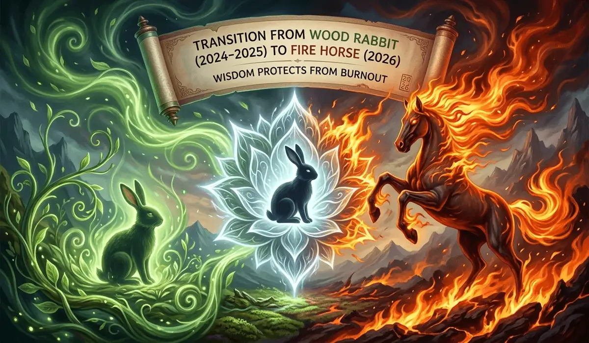 Conceptual art showing the transition from Wood Rabbit energy to the 2026 Fire Horse year energy, highlighting the need for spiritual grounding.