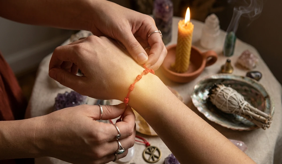 A 7-knot red string bracelet being tied on the left wrist during a protection ritual.