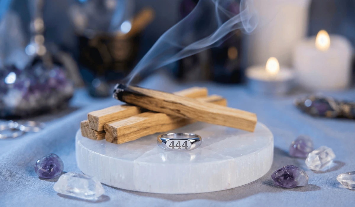 An angel number ring being cleansed on a Selenite plate with Palo Santo smoke to reset its vibration.