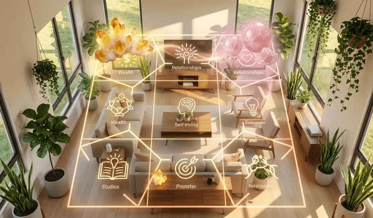 Modern home interior layout showing a Bagua map application with spiritual crystals placed in specific sectors to harmonize home energy.