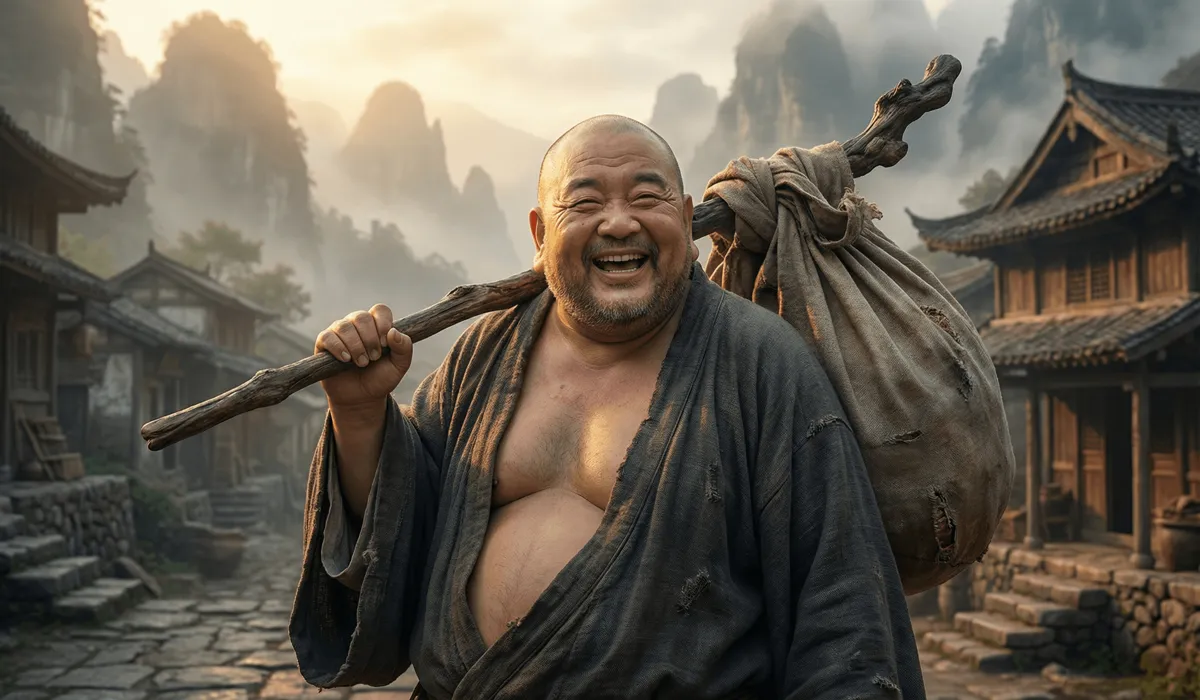 Historical depiction of the nomadic monk Qieci, the original Laughing Buddha, carrying his sacred sack in an ancient Chinese village.