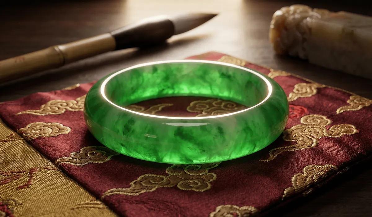 A luxurious Imperial Green Jadeite bangle representing health, wealth, and protection in Chinese tradition.