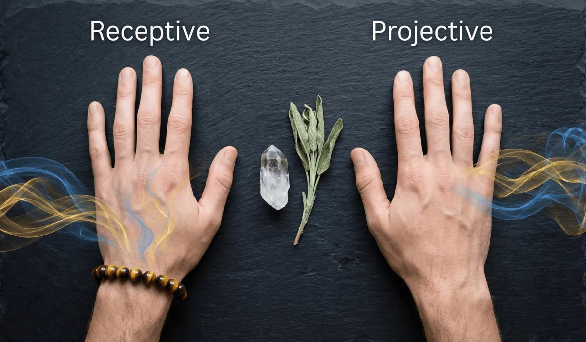 Educational visual showing a man's left hand as the receptive side for wearing a Feng Shui bracelet to attract luck and wealth.