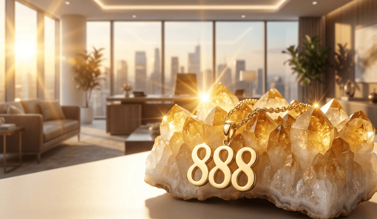 Elegant 888 angel number jewelry paired with Citrine crystal for wealth attraction and professional success.