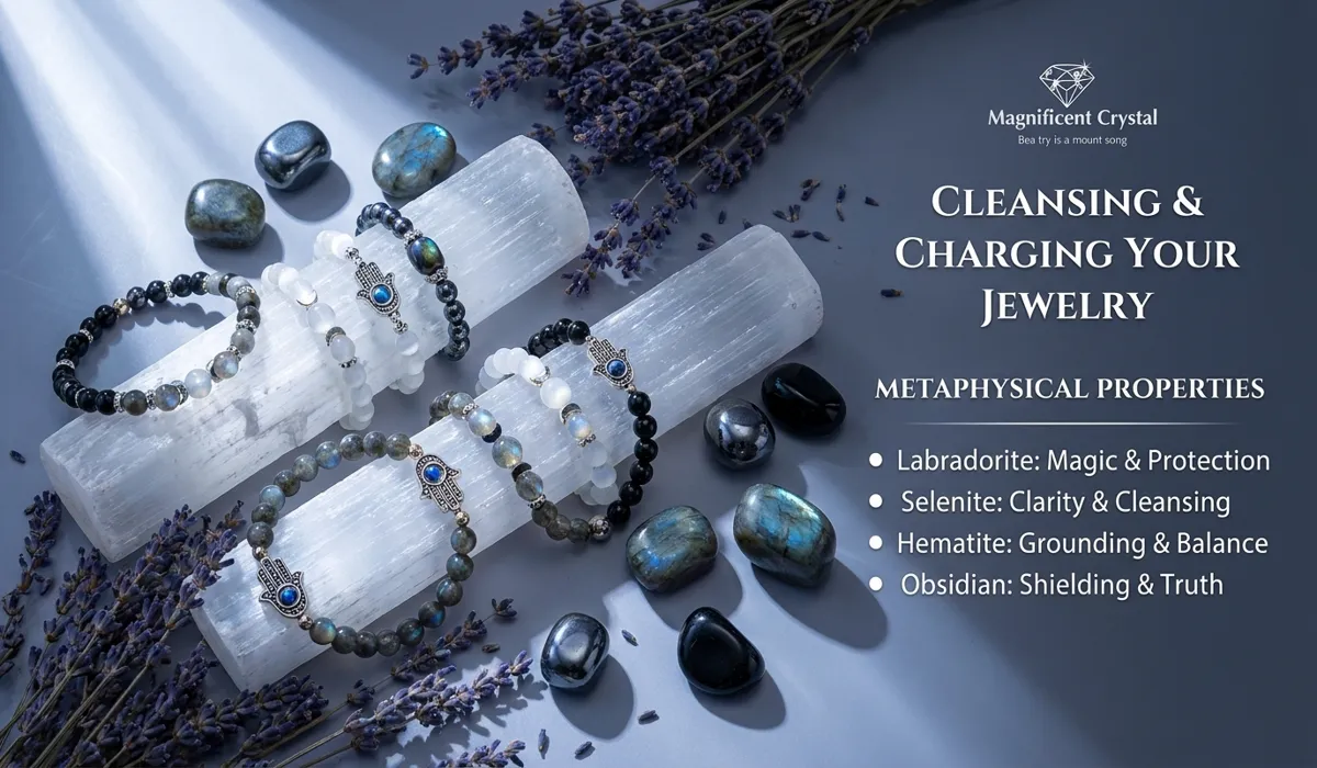 A collection of protection bracelets including Hematite and Labradorite being charged on a Selenite plate under moonlight.