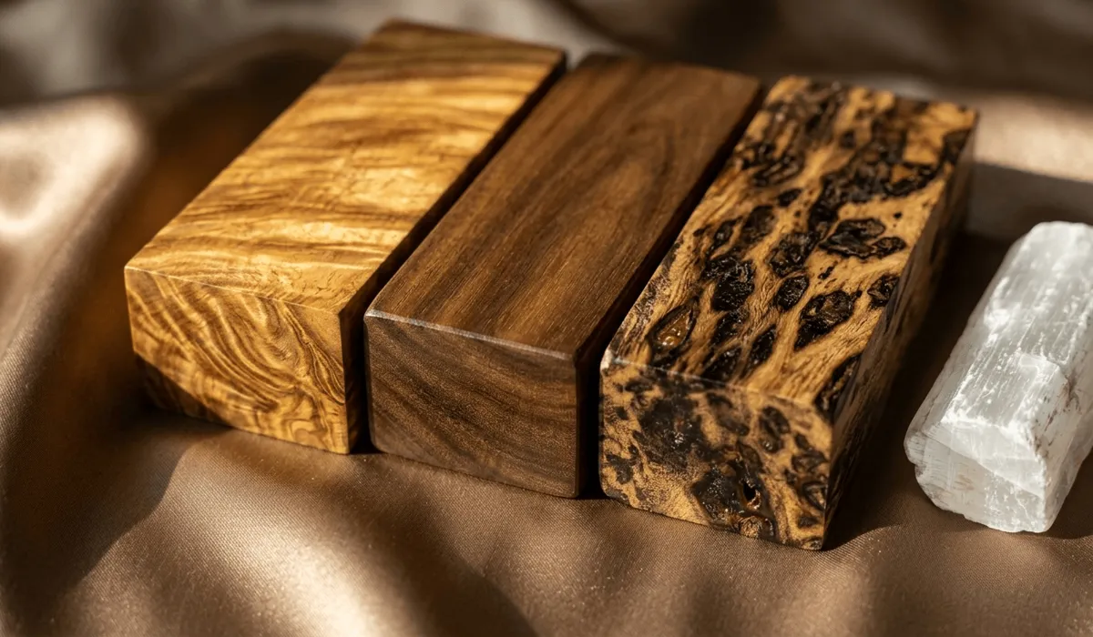 Comparison of Golden Silk Nanmu, Sandalwood, and Agarwood textures on a silk background with a charging crystal.