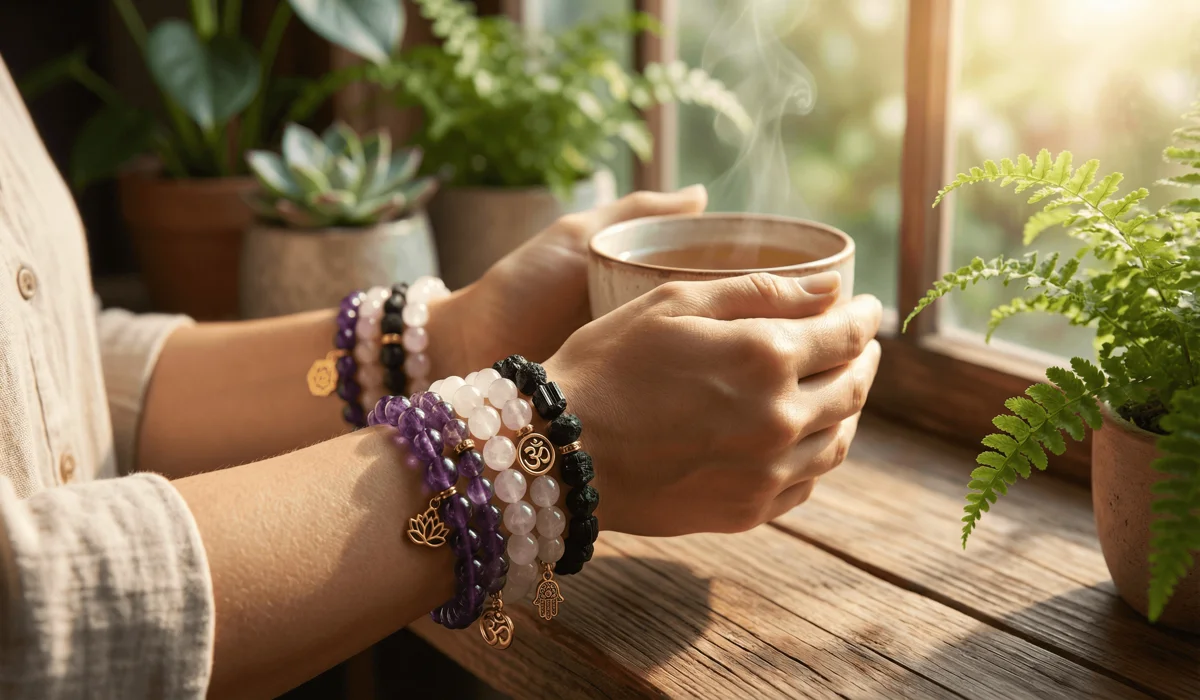 Close-up of a woman wearing various healing stone spiritual bracelets featuring Amethyst and Rose Quartz for mindfulness.