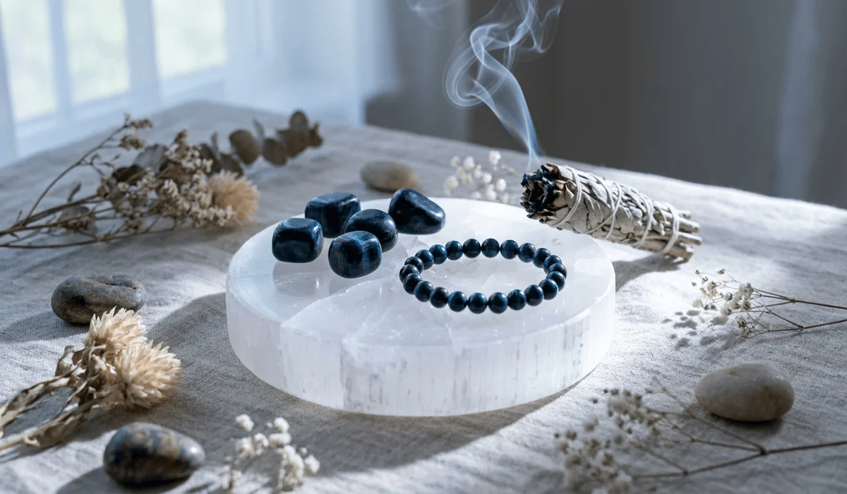 Flat lay of Blue Tiger Eye stones resting on a Selenite charging plate with sage smoke for a crystal cleansing ritual.