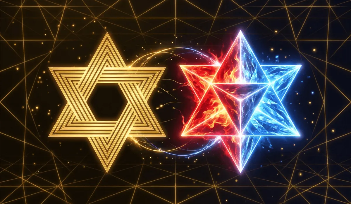 Sacred geometry visualization illustrating the dimensional transition from a 2D Star of David to a 3D Merkaba star tetrahedron.