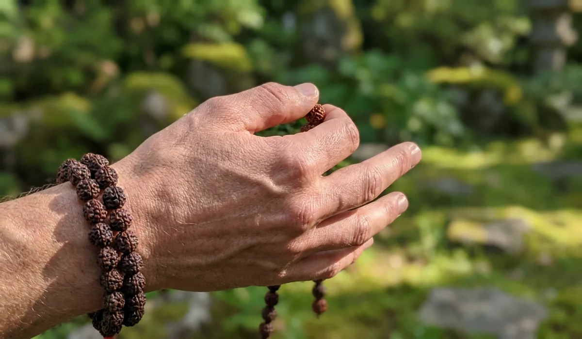 Close-up of hands using a 27-bead wrist mala for mantra counting and Japa meditation practice.