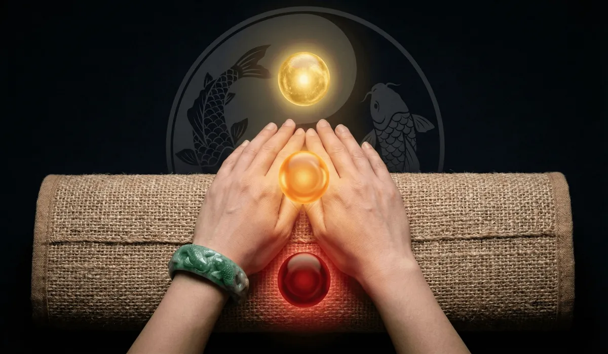 Spiritual representation of koi fish jewelry aligning with chakras and the yin-yang symbol for inner balance.