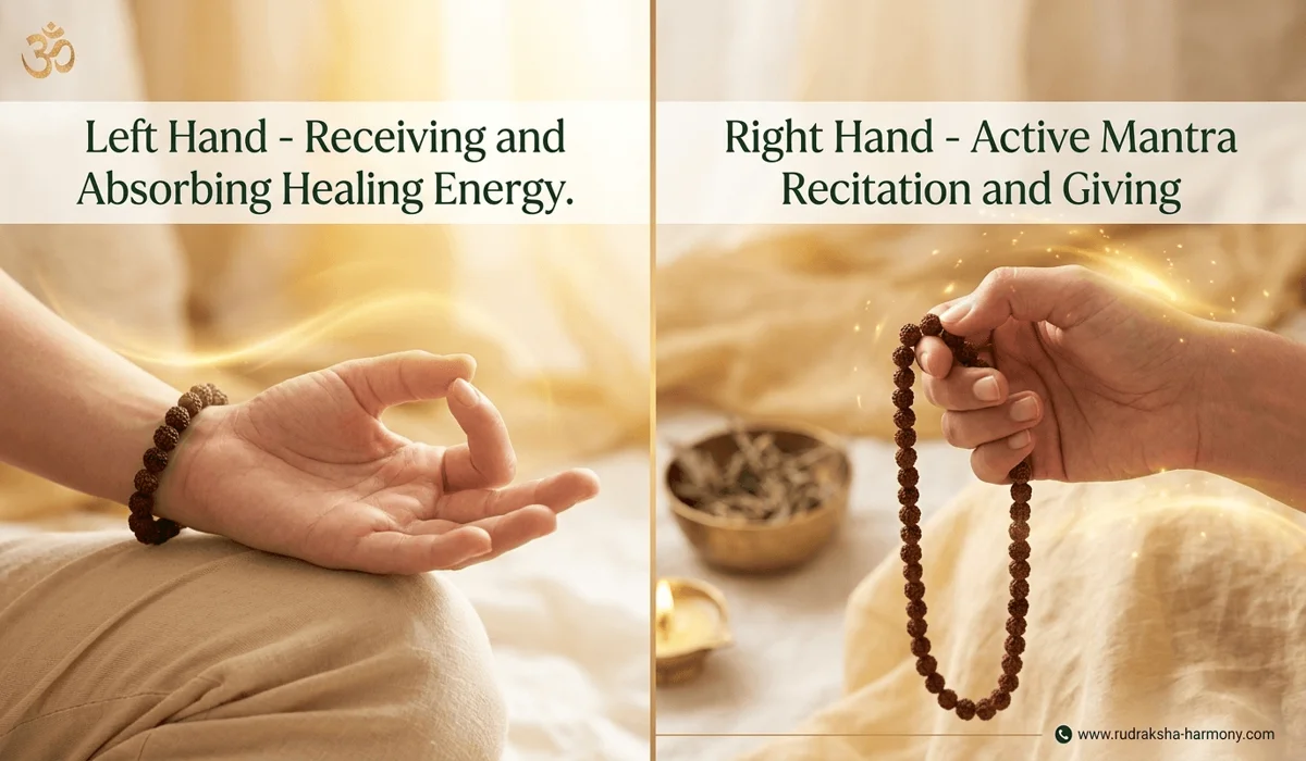 Comparison of wearing a wrist mala on the left receiving hand versus the right giving hand for spiritual intention.