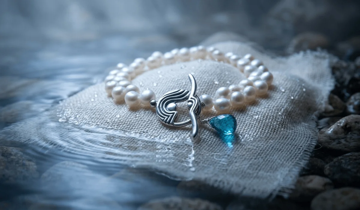 A luminous white pearl bracelet on silk with water ripples, representing the organic water element and lunar energy of pearl gemstones.