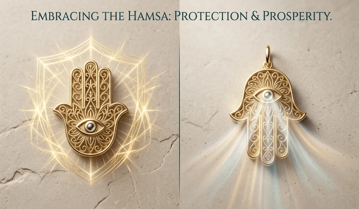Comparison visualization of Hamsa hand symbol facing up for protection versus facing down for receiving blessings.