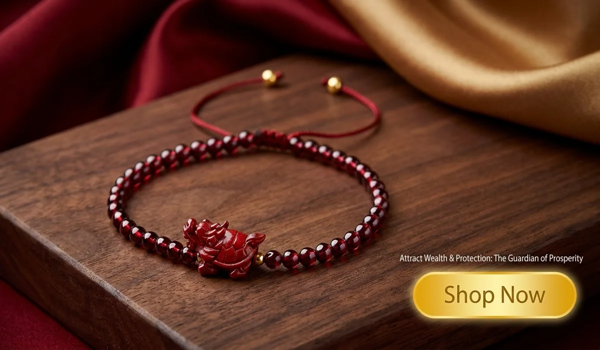 Wealth-Attracting Dragon Turtle Cinnabar Garnet Bracelet for prosperity and protection, high-end feng shui jewelry illustration with Shop Now button.