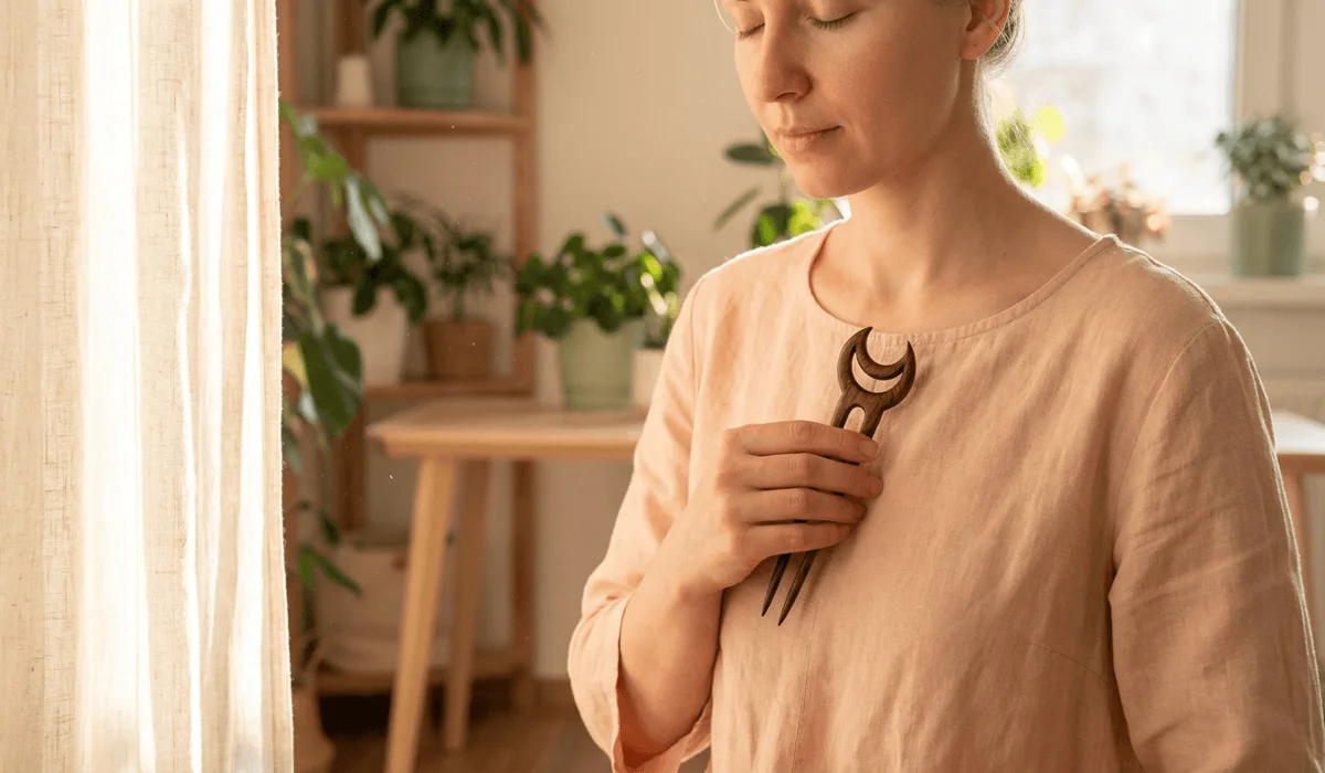 Mindful intention-setting ritual holding a handcrafted wooden spiritual hairpin before styling hair.
