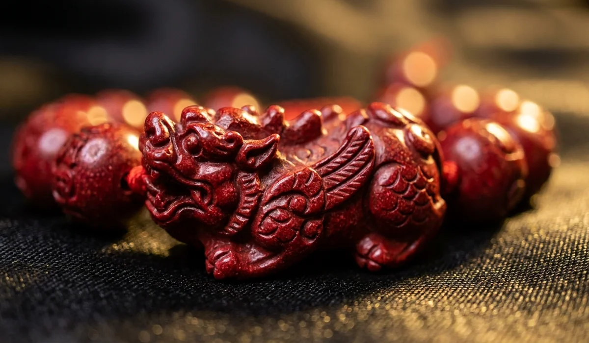 A detailed close-up of a red Cinnabar Pixiu charm showing intricate carvings of the mythical wealth-attracting creature on a silk background.