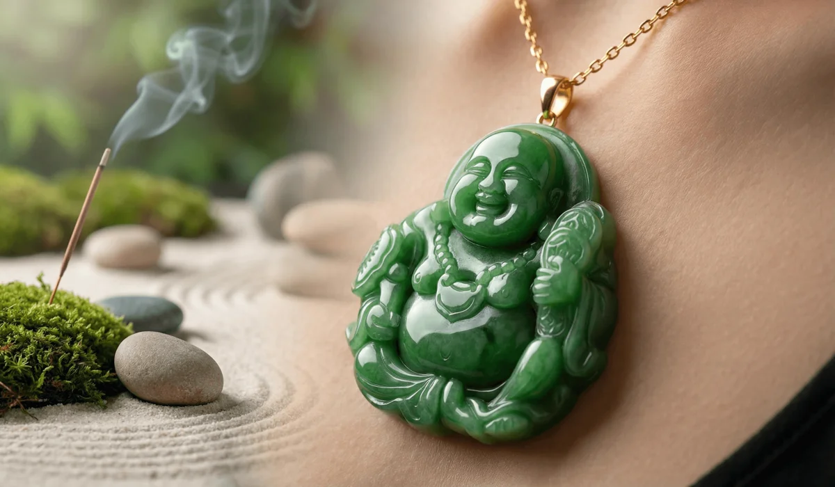 A green jade Buddha necklace pendant representing mindfulness and enlightenment jewelry.
