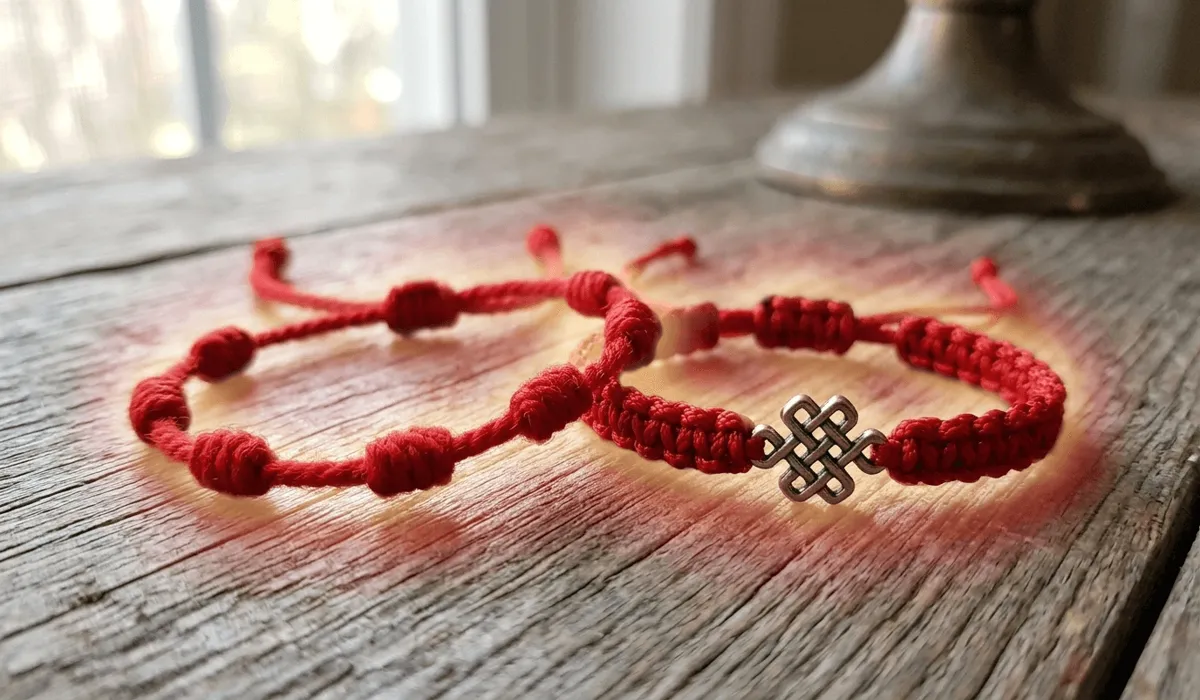 Close-up of a 7-knot Kabbalah red string and an intricate braided Buddhist protection bracelet showing different spiritual knotting styles.