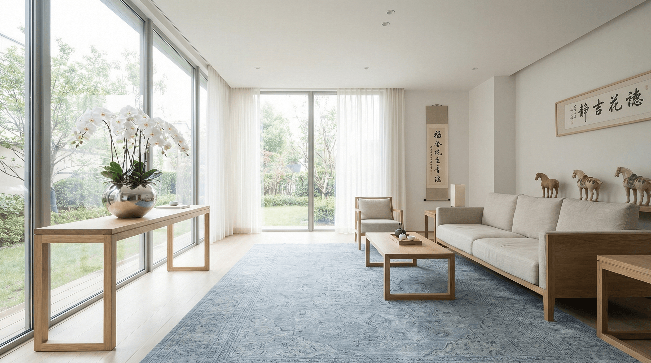 A modern living room with blue accents and white orchids in the North sector