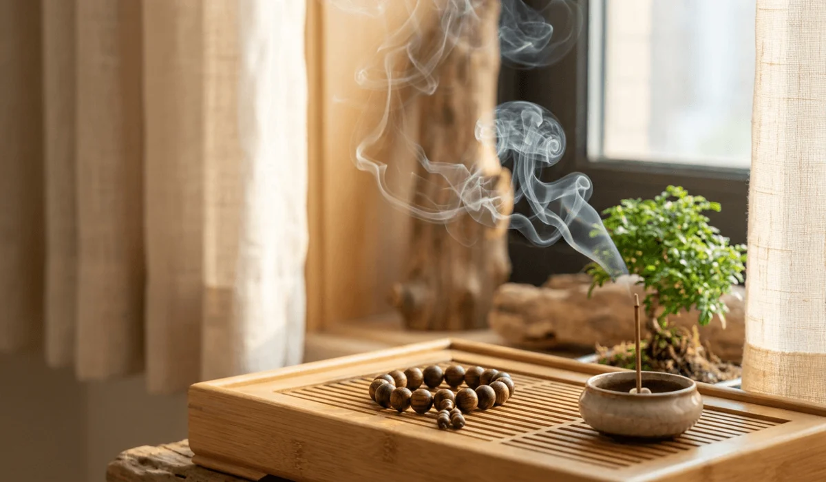 Huanghuali wood bracelet beside incense smoke and bonsai plant representing Feng Shui wood element energy.