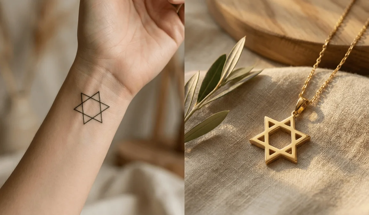 A comparison between a permanent Star of David tattoo on a wrist and a gold Star of David necklace representing jewelry symbolism.