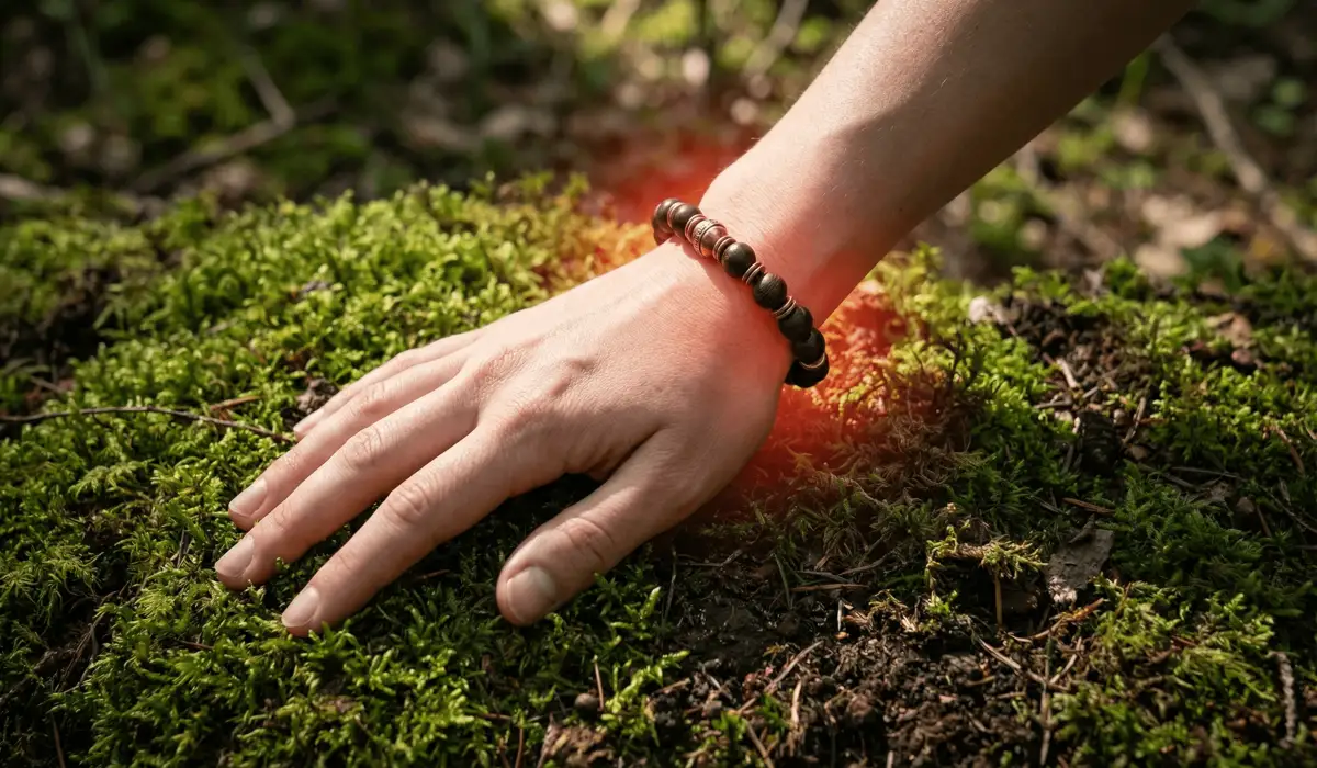 A person wearing spiritual grounding jewelry while touching the earth, illustrating the Earth element connection and mindfulness.