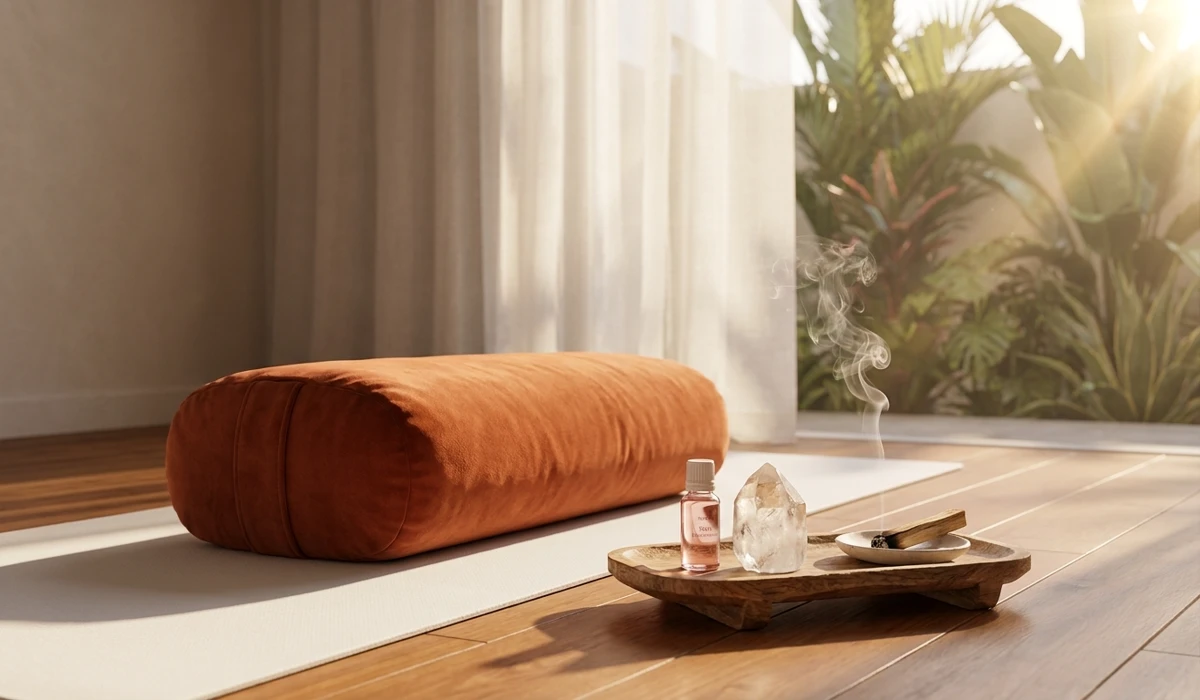 A peaceful meditation space prepared with a bolster, rose essential oil, and Palo Santo for Lotus Mudra practice.