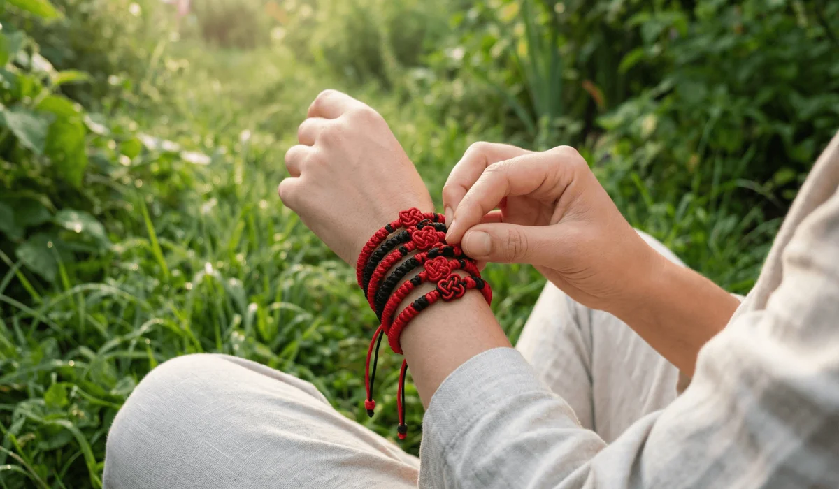 A person wearing authentic Buddhist protection bracelets on their left wrist during a mindfulness meditation session.
