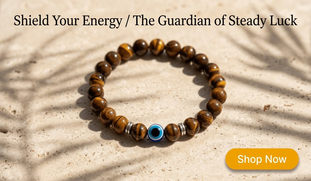 Negativity-Blocking Evil-Eye Tiger's Eye Bracelet on stone surface with Shop Now button for blog