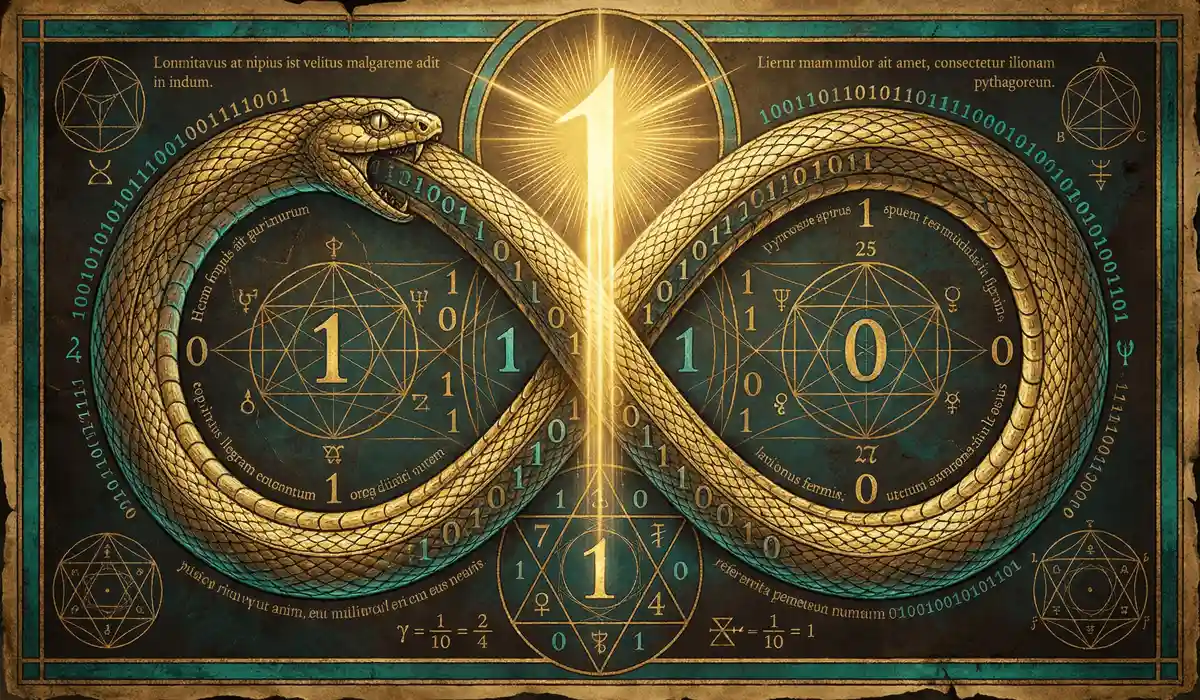 Ancient Ouroboros symbol combined with 1010 binary code representing the eternal cycle of soul evolution.
