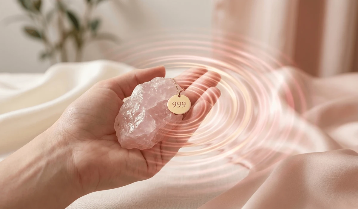 Close-up of a 999 angel number pendant and spiritual crystals, symbolizing energetic grounding and heart chakra healing.