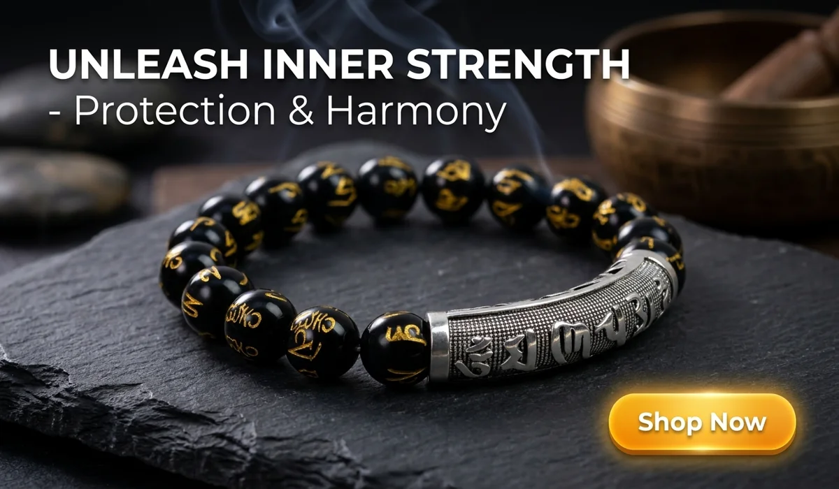Obsidian Guardian Mantra Bracelet for protection and strength, featuring black beads with gold mantras and a silver charm on a premium Zen-style background with a Shop Now button.