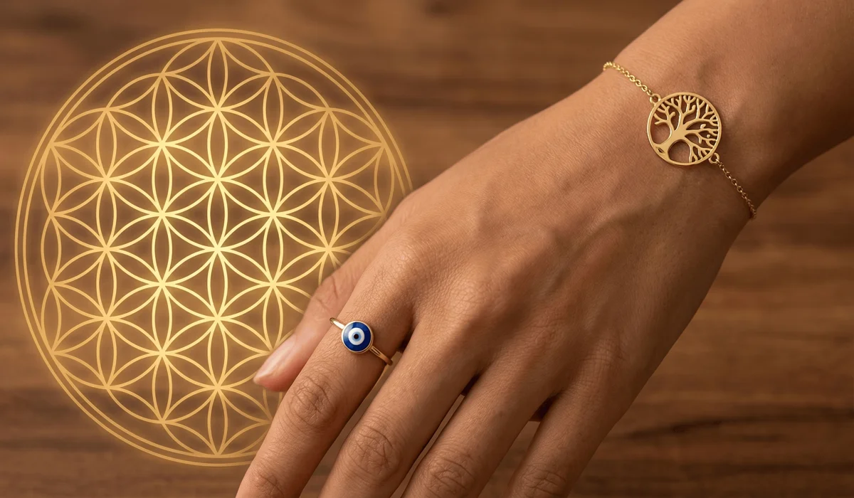 Close-up of an Evil Eye ring and Tree of Life bracelet representing spiritual symbolism and sacred geometry.