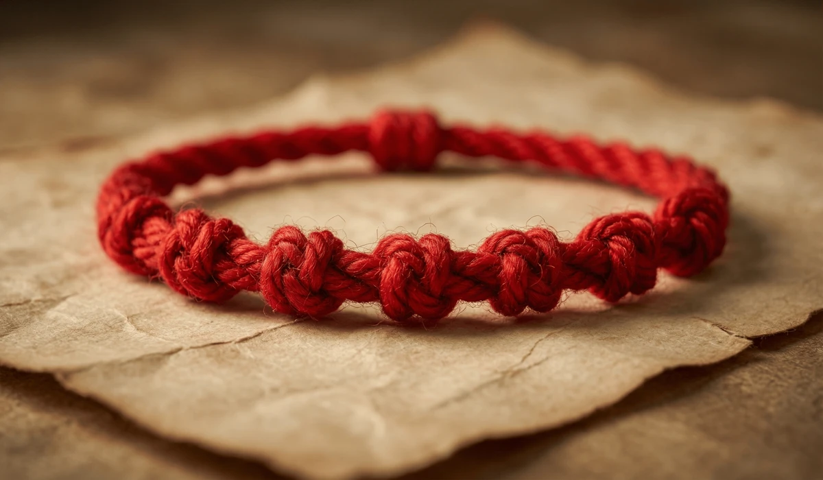 A-close-up shot of a traditional seven-knot red string bracelet on a vintage parchment, representing its sacred origins and spiritual protection.