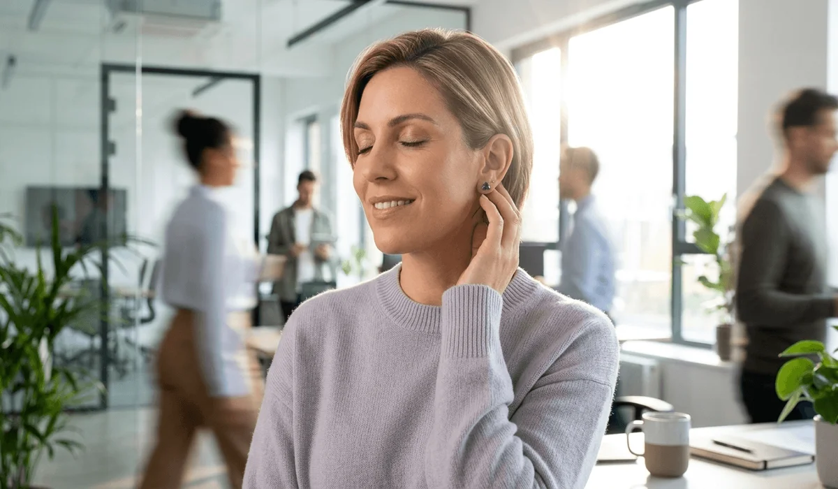 A professional woman wearing Amethyst stud earrings to maintain mental stillness and focus at work.